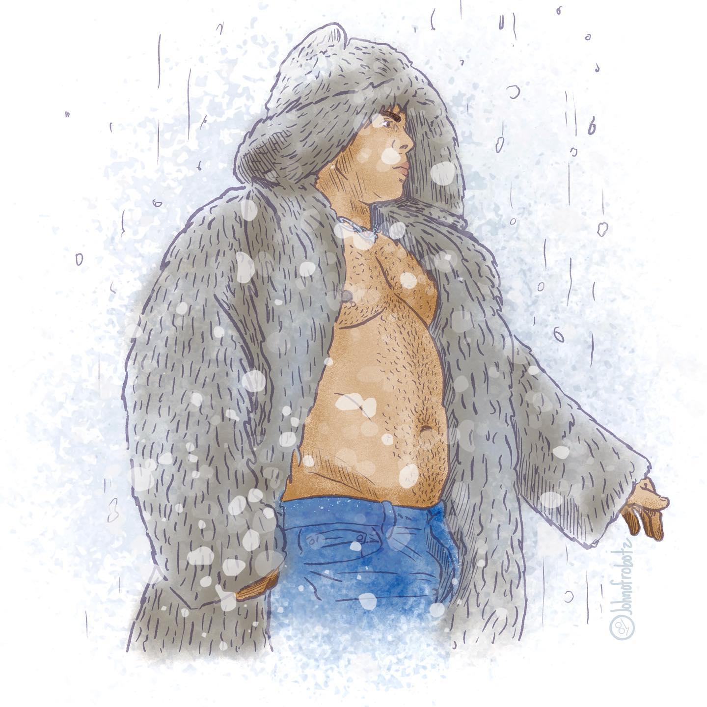 Burly man wearing a white polar fur coat with jeans and no shirt, walking in a snowstorm.